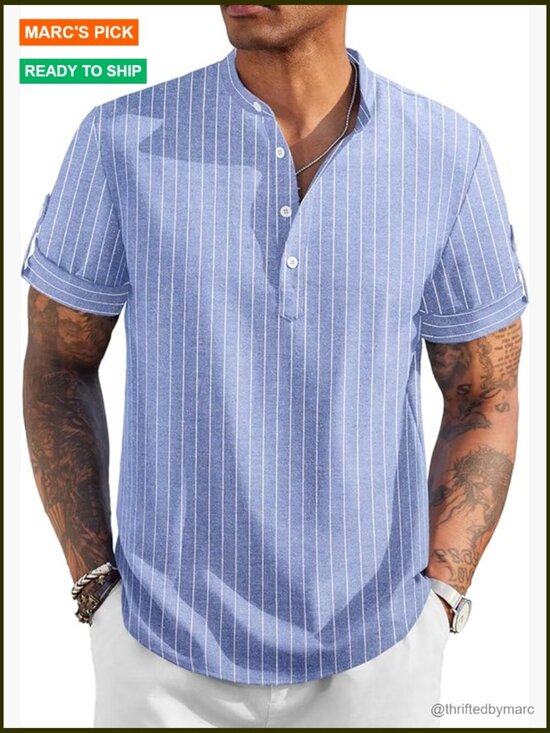 Other - Men's Linen Henley Shirt Short Sleeve Casual Summer Beach T-Shirt